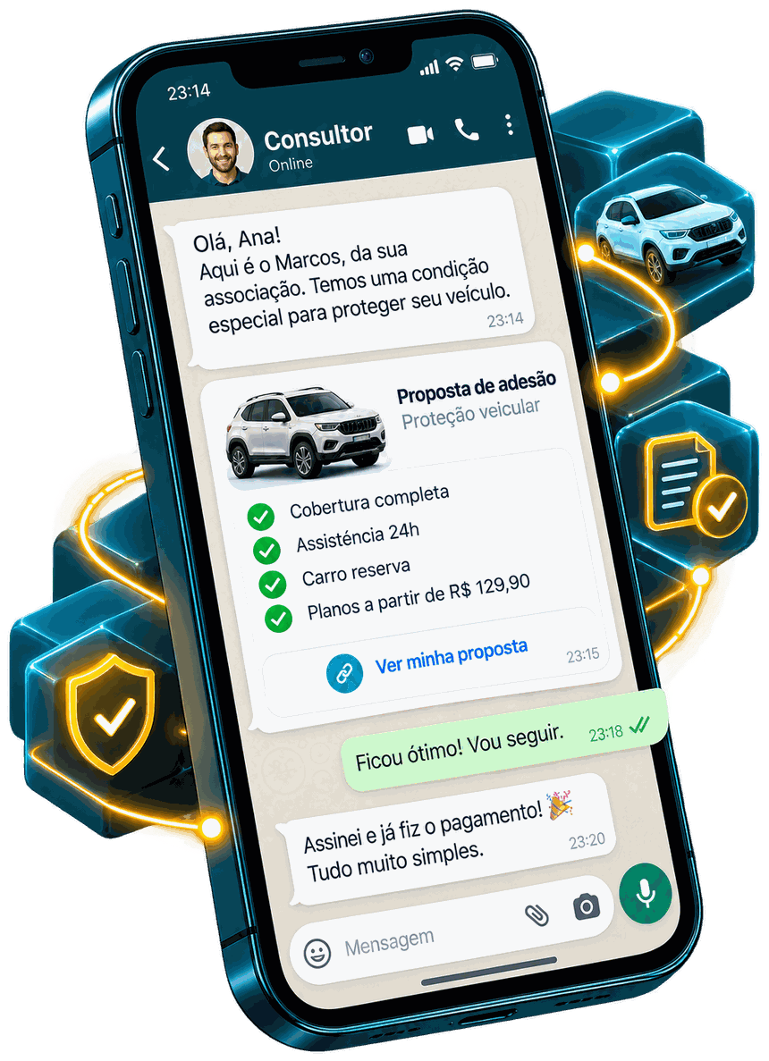 Conversa de WhatsApp à noite: o consultor manda a proposta de adesão e a cliente responde que assinou e já pagou