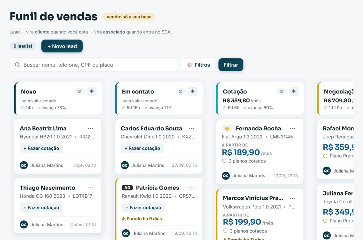 Tela do módulo Vendas no Sentrio, com dados de exemplo